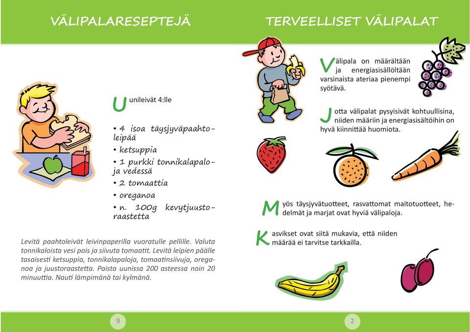 Levitä leipien päälle tasaises ketsuppia, tonnikalapaloja, tomaa nsiivuja, oreganoa ja juustoraaste a. Paista uunissa 200 asteessa noin 20 minuu a. Nau lämpimänä tai kylmänä.