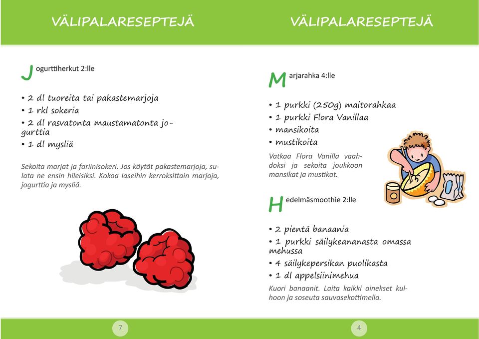 Marjarahka 4:lle 1 purkki (250g) maitorahkaa 1 purkki Flora Vanillaa mansikoita mustikoita Vatkaa Flora Vanilla vaahdoksi ja sekoita joukkoon mansikat ja mus