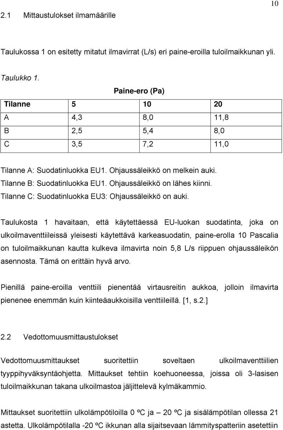 Tilanne C: Suodatinluokka EU3: Ohjaussäleikkö on auki.