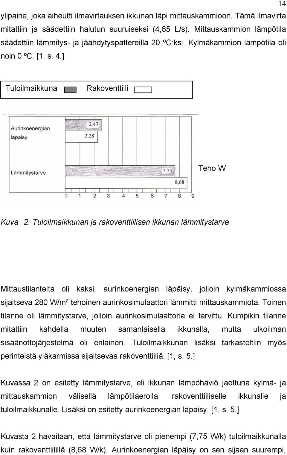 Tuloilmaikkunan ja rakoventtiilisen ikkunan lämmitystarve Mittaustilanteita oli kaksi: aurinkoenergian läpäisy, jolloin kylmäkammiossa sijaitseva 280 W/m² tehoinen aurinkosimulaattori lämmitti