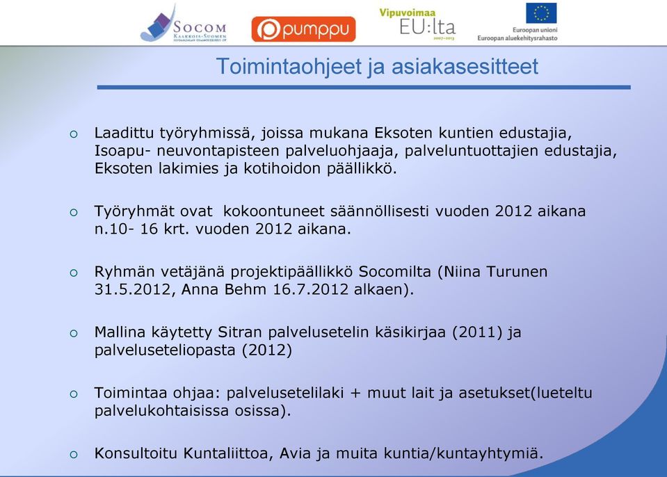 n.10-16 krt. vuoden 2012 aikana. Ryhmän vetäjänä projektipäällikkö Socomilta (Niina Turunen 31.5.2012, Anna Behm 16.7.2012 alkaen).