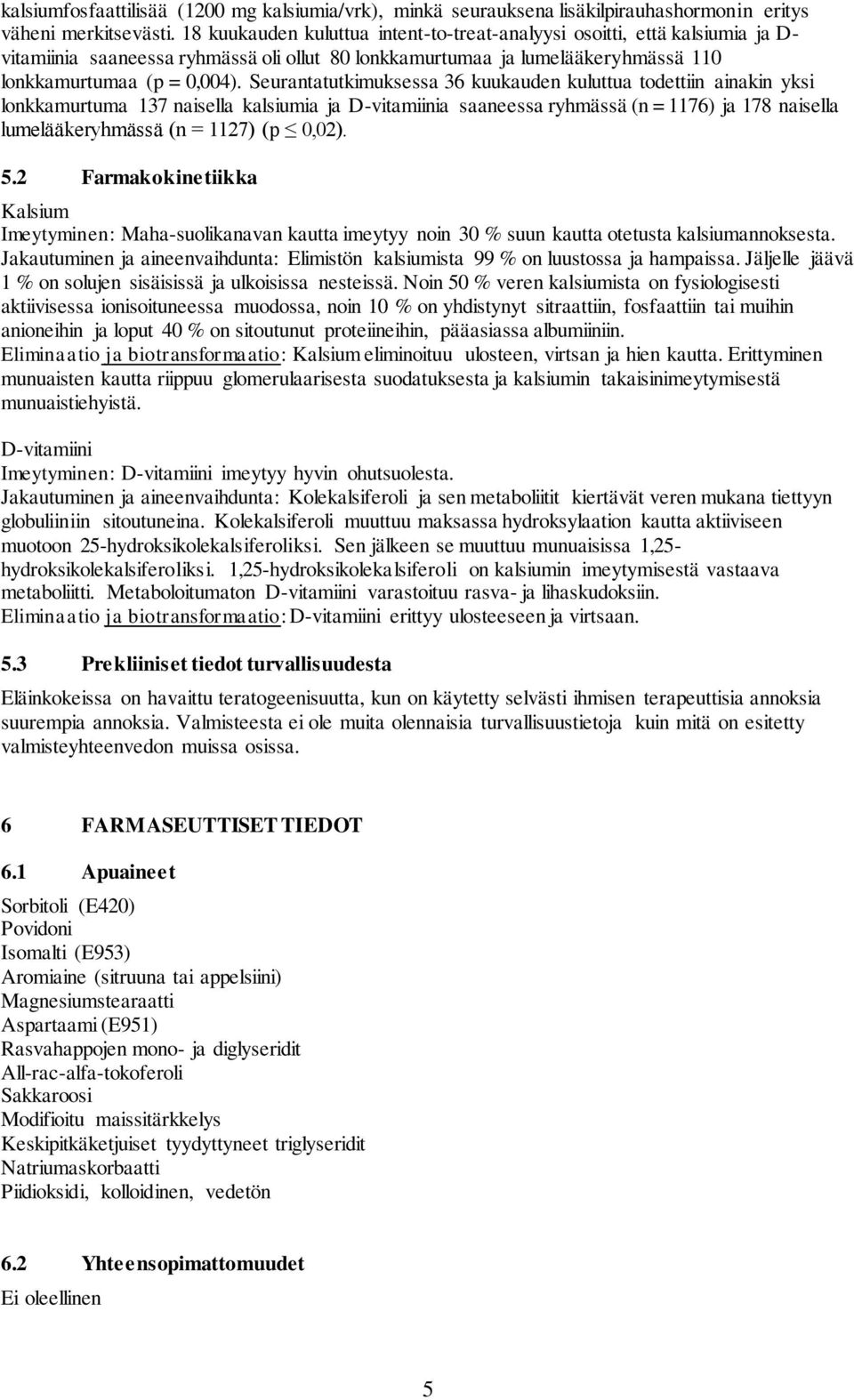 Seurantatutkimuksessa 36 kuukauden kuluttua todettiin ainakin yksi lonkkamurtuma 137 naisella kalsiumia ja D-vitamiinia saaneessa ryhmässä (n = 1176) ja 178 naisella lumelääkeryhmässä (n = 1127) (p