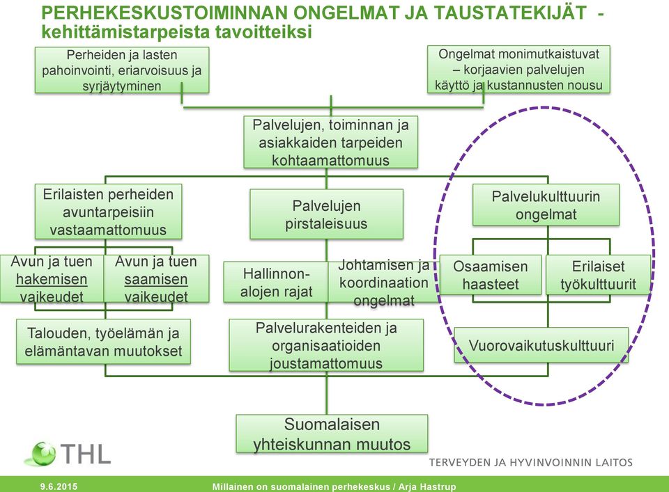 Palvelukulttuurin ongelmat Avun ja tuen hakemisen vaikeudet Avun ja tuen saamisen vaikeudet Hallinnonalojen rajat Johtamisen ja koordinaation ongelmat Osaamisen haasteet Erilaiset