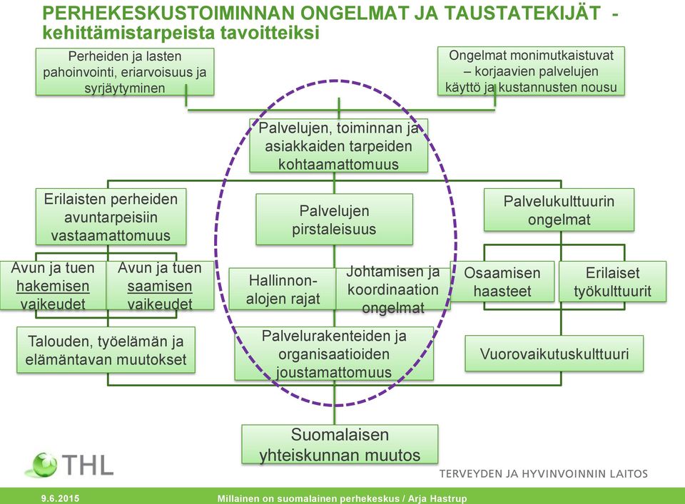 Palvelukulttuurin ongelmat Avun ja tuen hakemisen vaikeudet Avun ja tuen saamisen vaikeudet Hallinnonalojen rajat Johtamisen ja koordinaation ongelmat Osaamisen haasteet Erilaiset