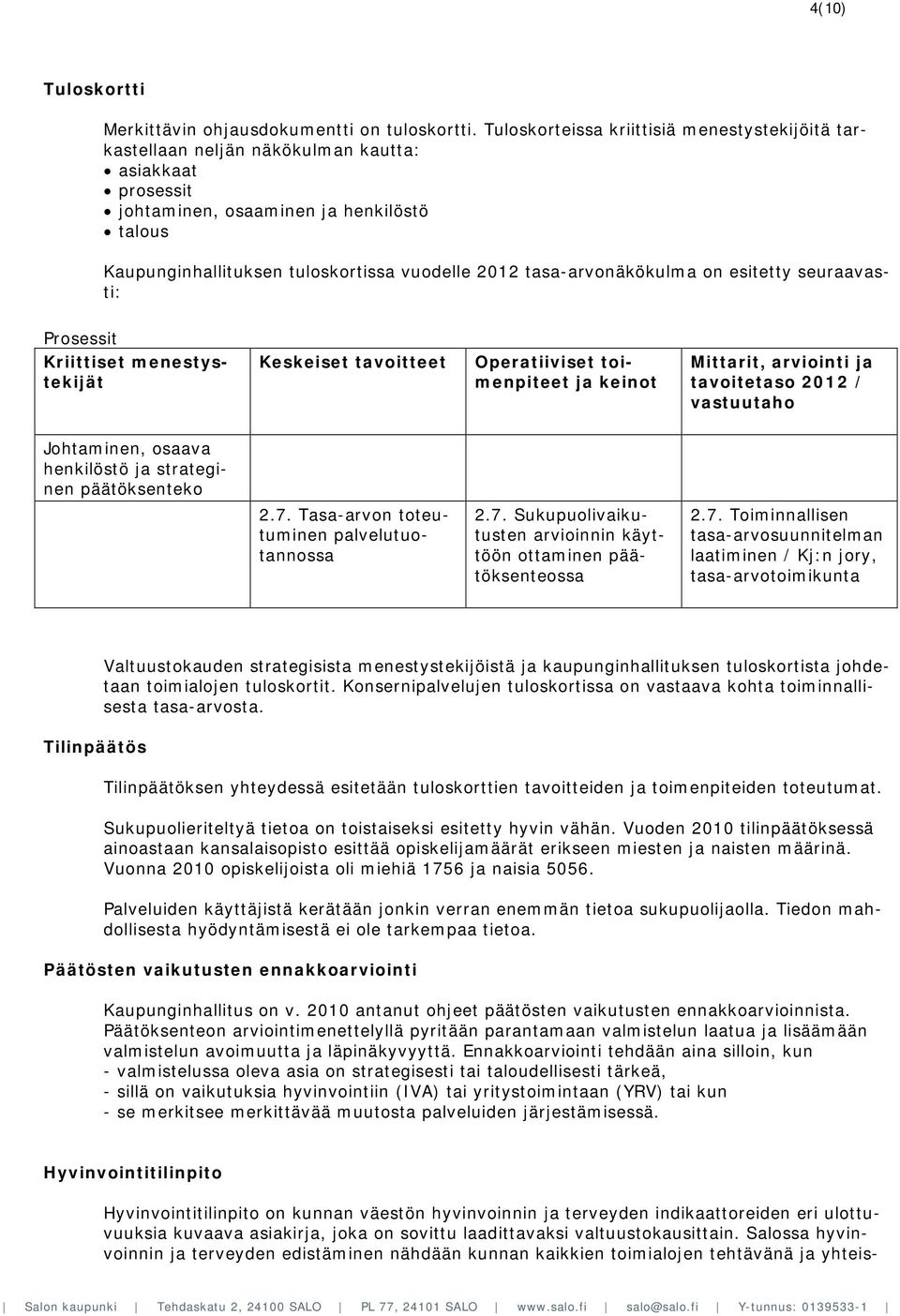 tasa-arvonäkökulma on esitetty seuraavasti: Prosessit Kriittiset menestystekijät Keskeiset tavoitteet Operatiiviset toimenpiteet ja keinot Mittarit, arviointi ja tavoitetaso 2012 / vastuutaho