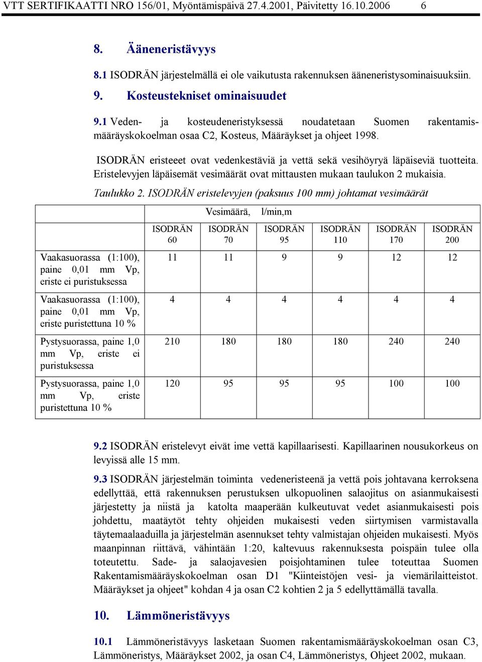 Pystysuorassa, paine 1,0 mm Vp, eriste puristettuna 10 % 8. Ääneneristävyys 8.1 järjestelmällä ei ole vaikutusta rakennuksen ääneneristysominaisuuksiin. 9. Kosteustekniset ominaisuudet 9.