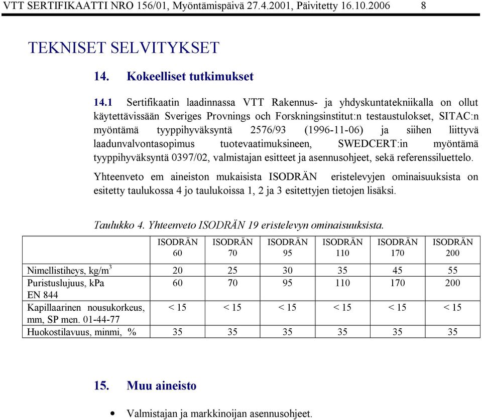 11 06) ja siihen liittyvä laadunvalvontasopimus tuotevaatimuksineen, SWEDCERT:in myöntämä tyyppihyväksyntä 0397/02, valmistajan esitteet ja asennusohjeet, sekä referenssiluettelo.