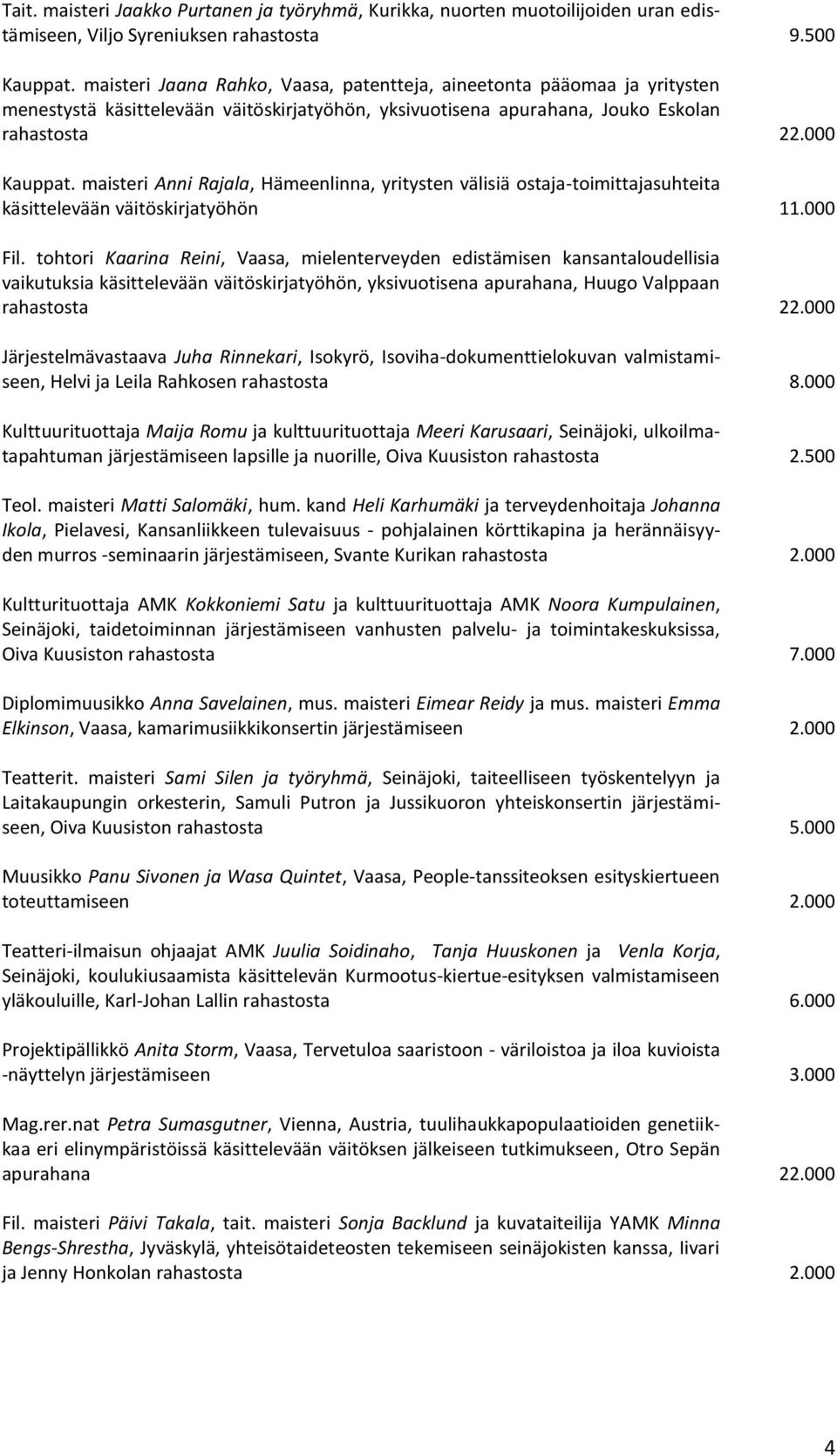 maisteri Anni Rajala, Hämeenlinna, yritysten välisiä ostaja-toimittajasuhteita käsittelevään väitöskirjatyöhön 11.000 Fil.