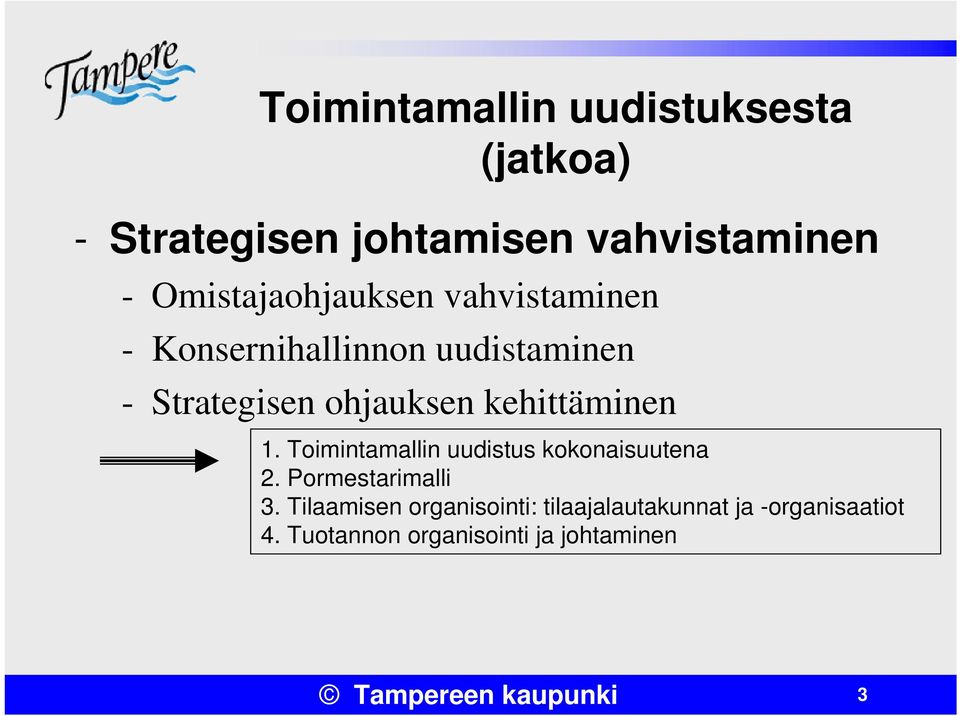 kehittäminen 1. Toimintamallin uudistus kokonaisuutena 2. Pormestarimalli 3.