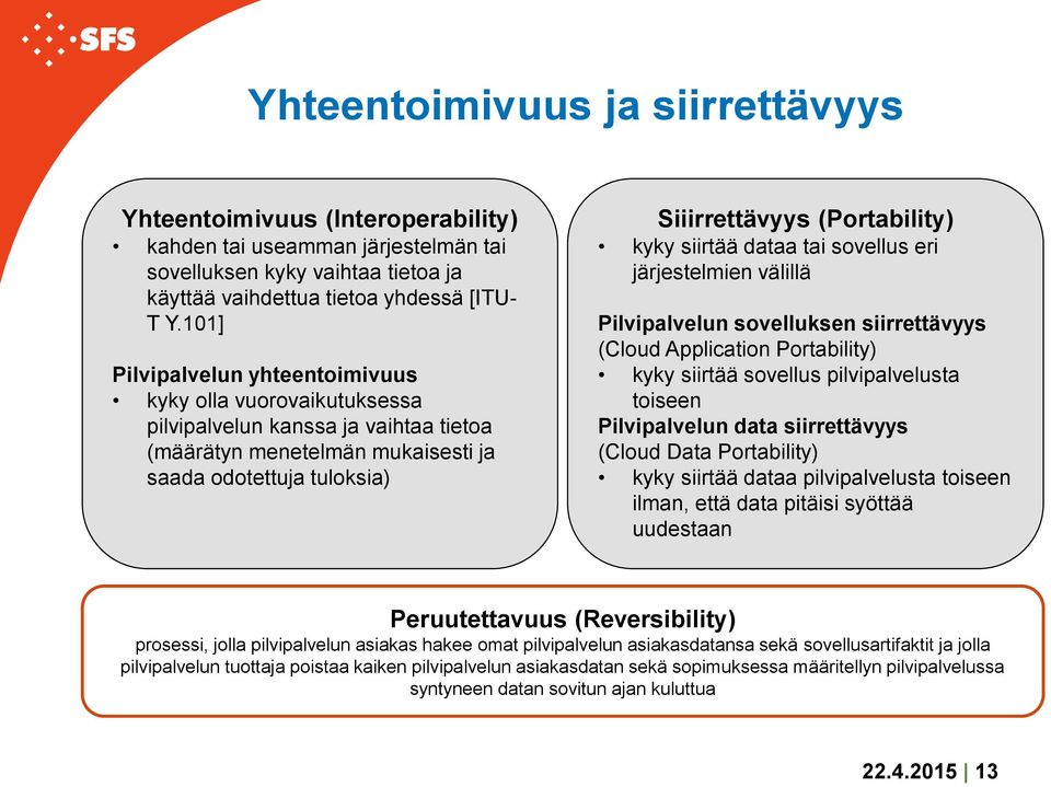 siirtää dataa tai sovellus eri järjestelmien välillä Pilvipalvelun sovelluksen siirrettävyys (Cloud Application Portability) kyky siirtää sovellus pilvipalvelusta toiseen Pilvipalvelun data