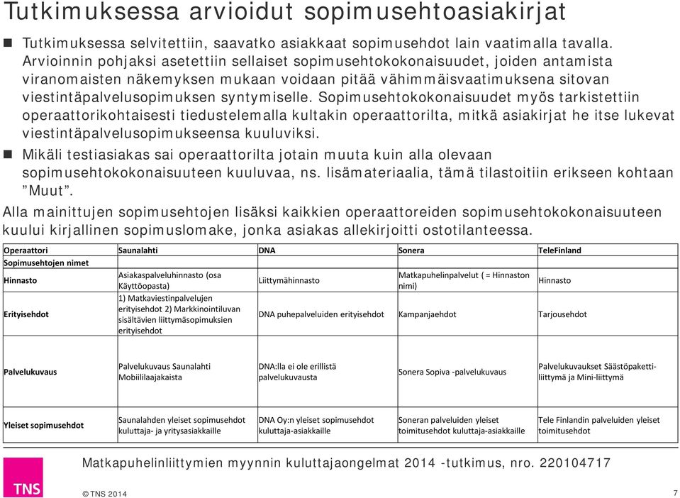 Sopimusehtokokonaisuudet myös tarkistettiin operaattorikohtaisesti tiedustelemalla kultakin operaattorilta, mitkä asiakirjat he itse lukevat viestintäpalvelusopimukseensa kuuluviksi.