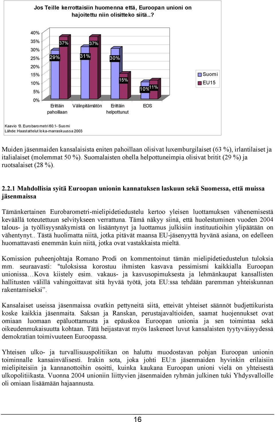 1 - Suomi Lähde: Haastattelut loka-marraskuussa 2003 Muiden jäsenmaiden kansalaisista eniten pahoillaan olisivat luxemburgilaiset (63 %), irlantilaiset ja italialaiset (molemmat 50 %).