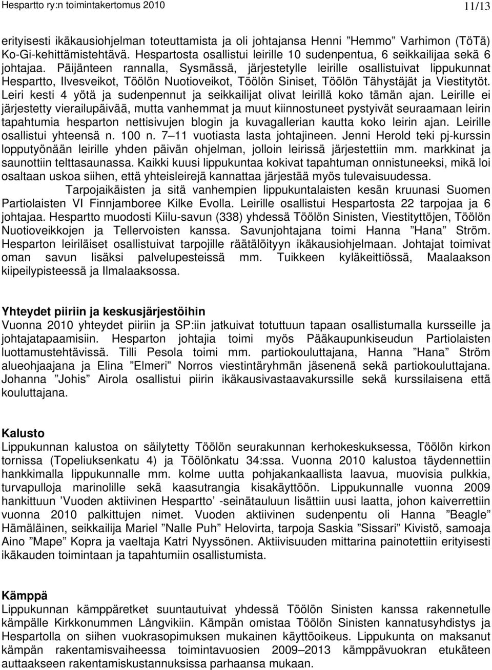 Päijänteen rannalla, Sysmässä, järjestetylle leirille osallistuivat lippukunnat Hespartto, Ilvesveikot, Töölön Nuotioveikot, Töölön Siniset, Töölön Tähystäjät ja Viestitytöt.