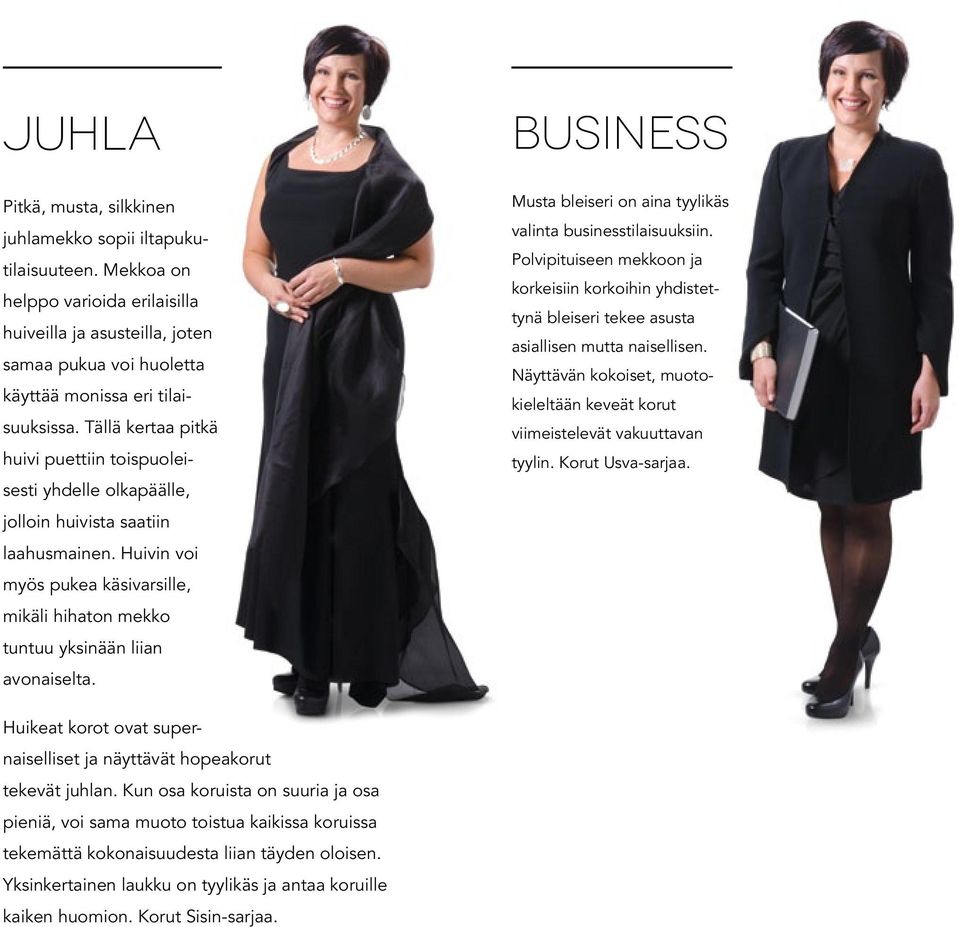 BUSINESS Musta bleiseri on aina tyylikäs valinta businesstilaisuuksiin. Polvipituiseen mekkoon ja korkeisiin korkoihin yhdistettynä bleiseri tekee asusta asiallisen mutta naisellisen.