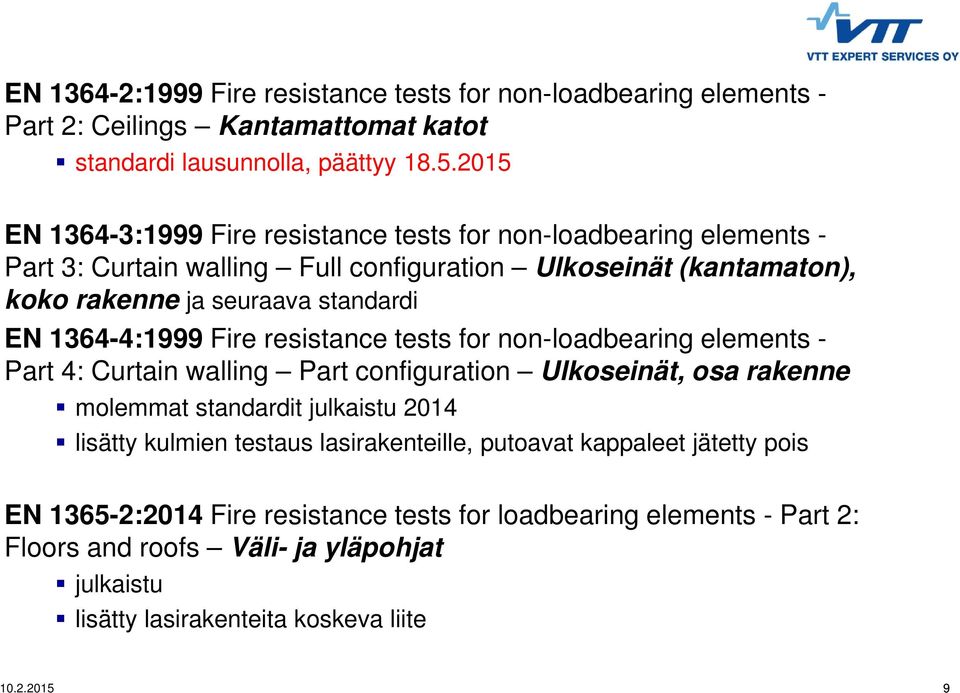 seuraava standardi EN 1364-4:1999 Fire resistance tests for non-loadbearing elements - Part 4: Curtain walling Part configuration Ulkoseinät, osa rakenne molemmat standardit julkaistu