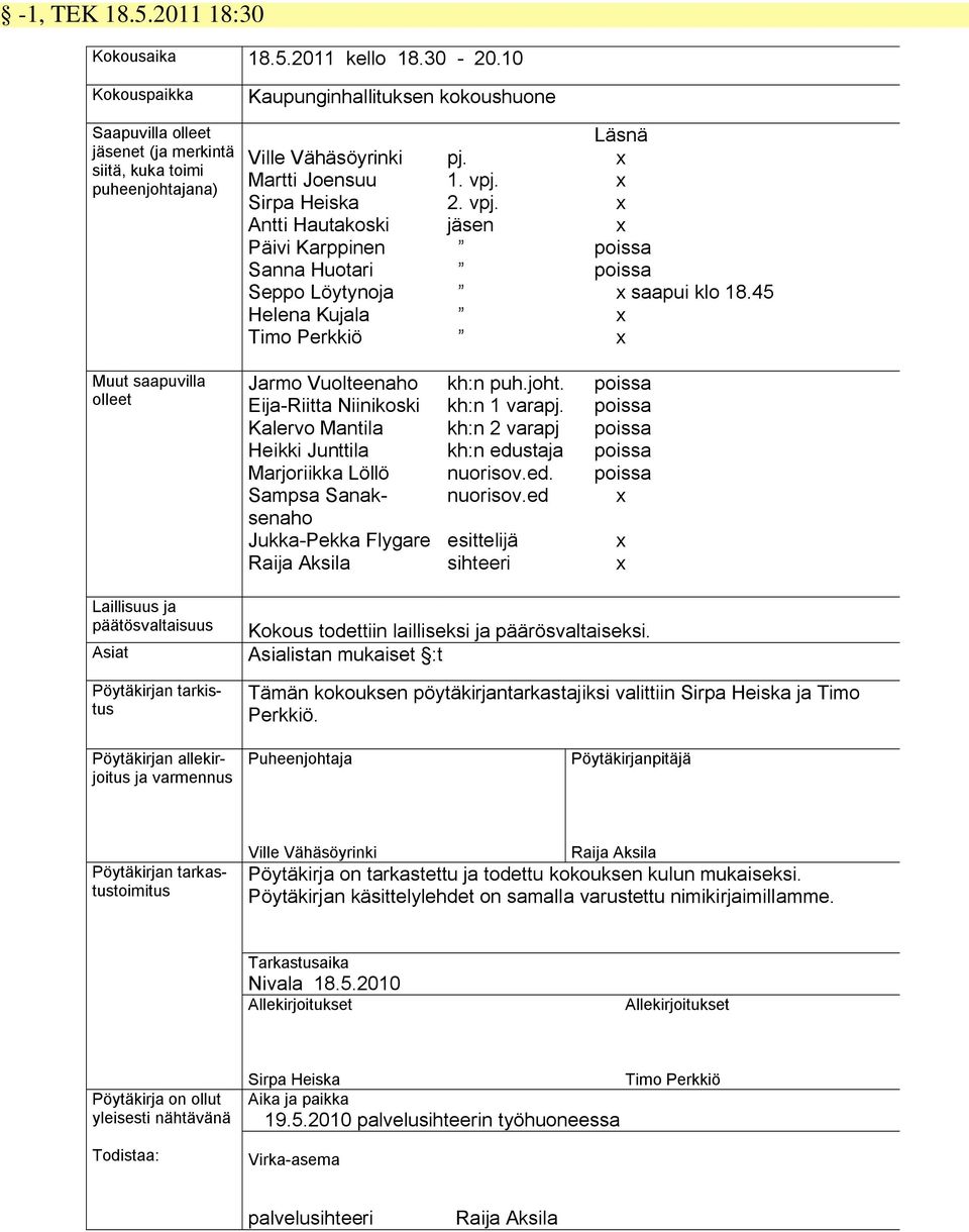 Karppinen Sanna Huotari Seppo Löytynoja Helena Kujala Timo Perkkiö pj. 1. vpj. 2. vpj. jäsen Läsnä x x x x poissa poissa x saapui klo 18.