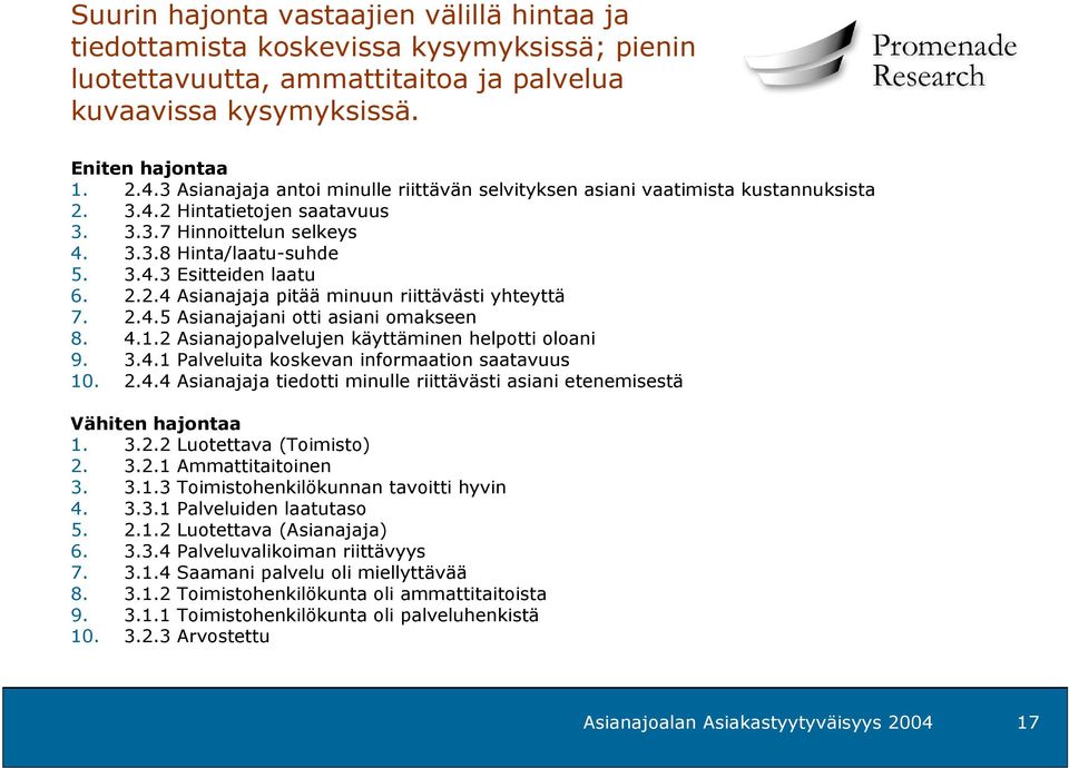 2.2.4 Asianajaja pitää minuun riittävästi yhteyttä 7. 2.4.5 Asianajajani otti asiani omakseen 8. 4.1.2 Asianajopalvelujen käyttäminen helpotti oloani 9. 3.4.1 Palveluita koskevan informaation saatavuus 10.