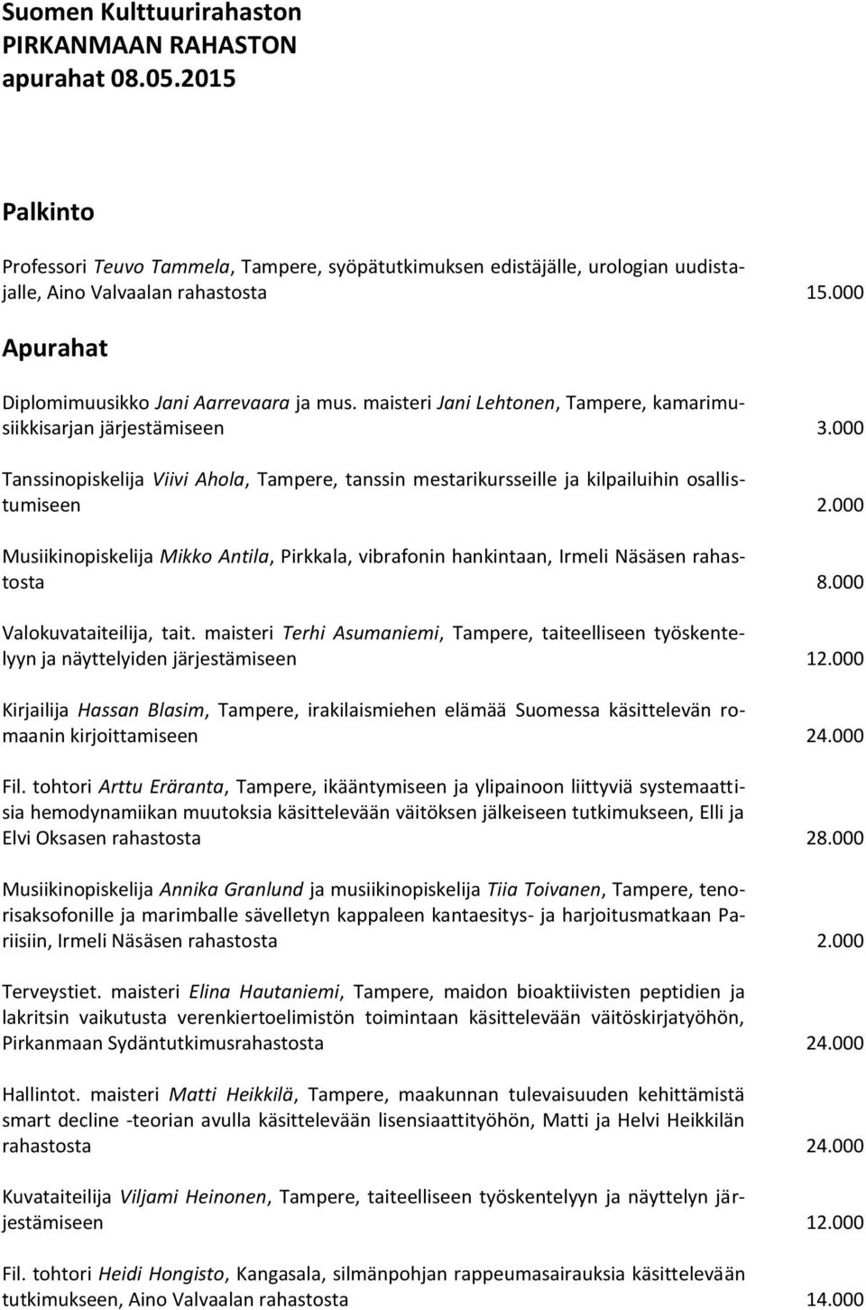 000 Tanssinopiskelija Viivi Ahola, Tampere, tanssin mestarikursseille ja kilpailuihin osallistumiseen 2.