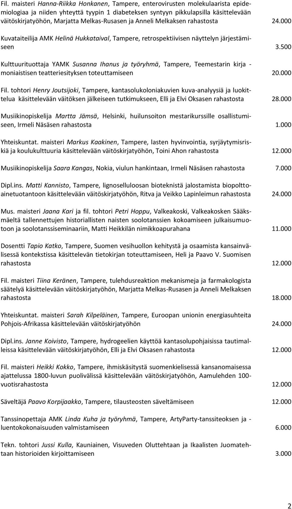 500 Kulttuurituottaja YAMK Susanna Ihanus ja työryhmä, Tampere, Teemestarin kirja - moniaistisen teatteriesityksen toteuttamiseen 20.000 Fil.