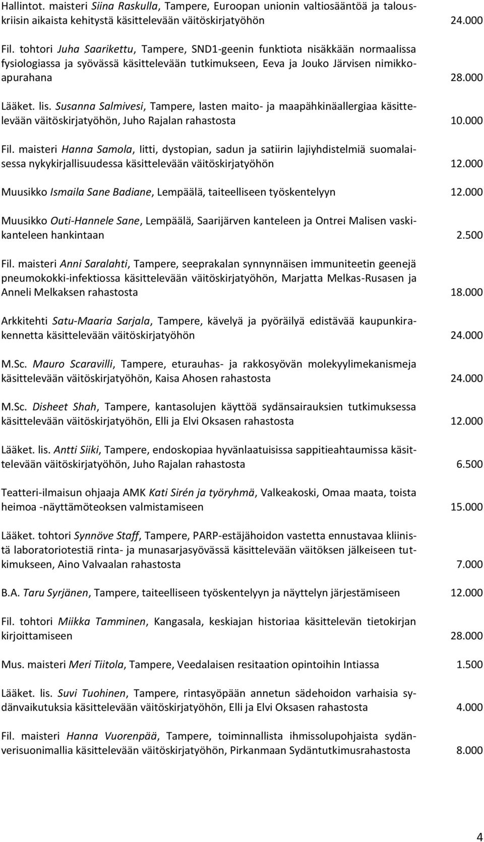 Susanna Salmivesi, Tampere, lasten maito- ja maapähkinäallergiaa käsittelevään väitöskirjatyöhön, Juho Rajalan rahastosta 10.000 Fil.