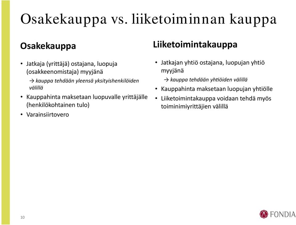 yleensä yksityishenkilöiden välillä Kauppahinta maksetaan luopuvalle yrittäjälle (henkilökohtainen tulo)