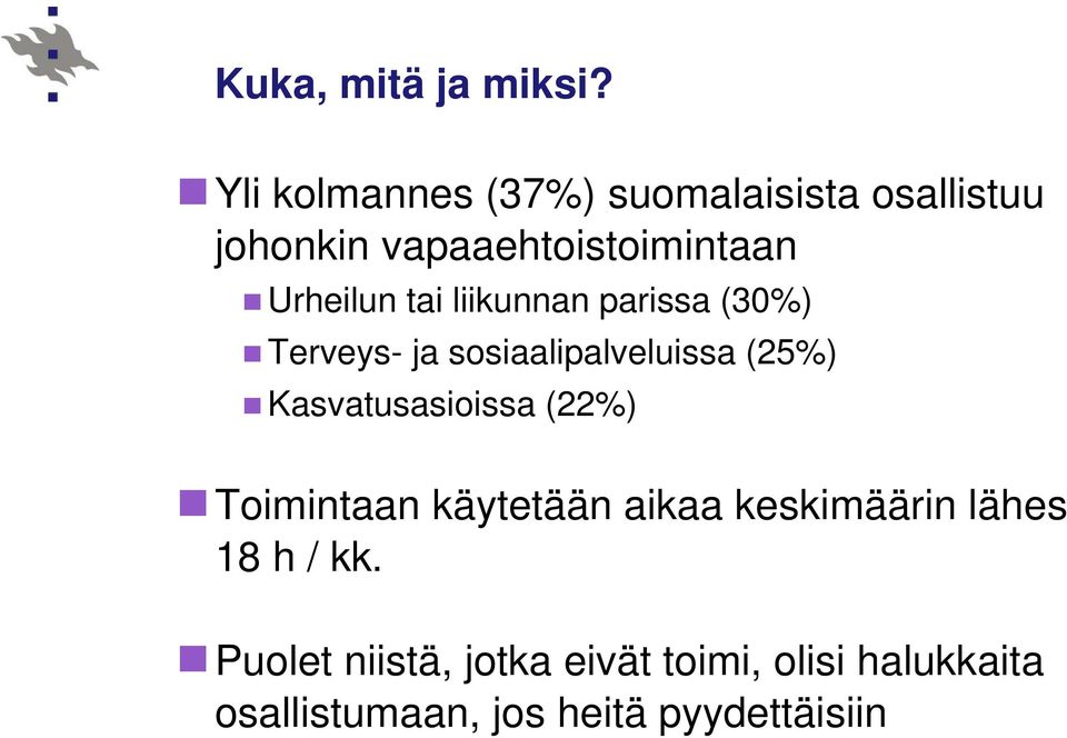 tai liikunnan parissa (30%) Terveys- ja sosiaalipalveluissa (25%) Kasvatusasioissa