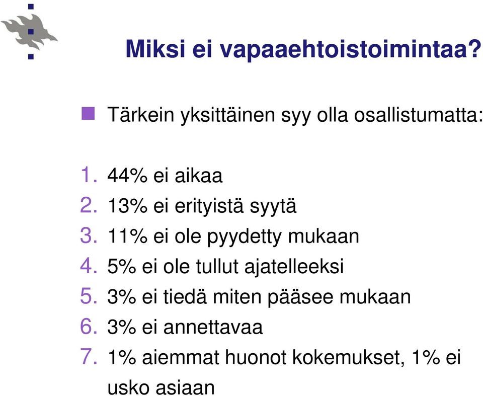 13% ei erityistä syytä 3. 11% ei ole pyydetty mukaan 4.