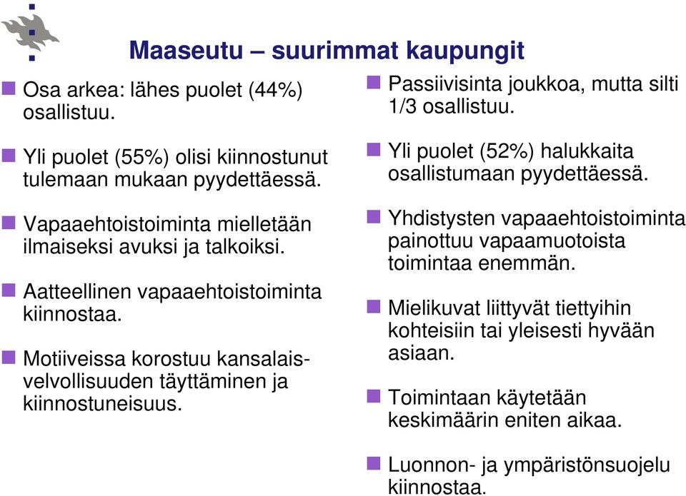 Aatteellinen vapaaehtoistoiminta kiinnostaa. Motiiveissa korostuu kansalaisvelvollisuuden täyttäminen ja kiinnostuneisuus.