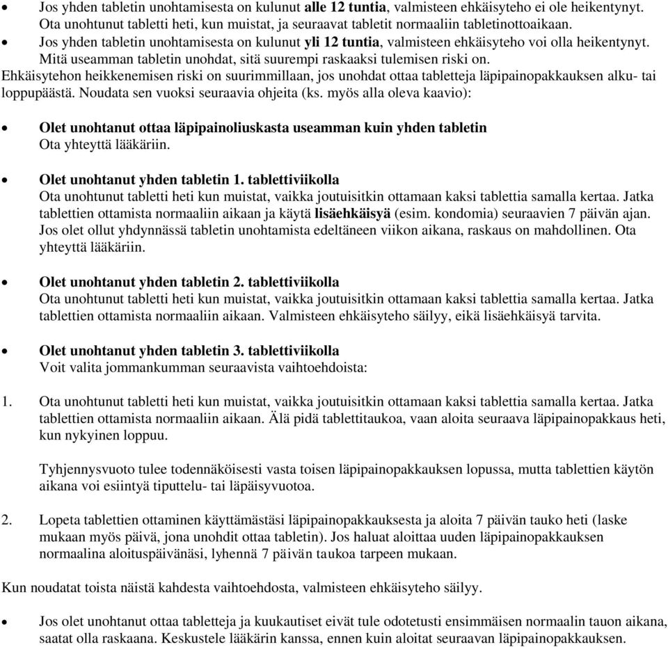 Ehkäisytehon heikkenemisen riski on suurimmillaan, jos unohdat ottaa tabletteja läpipainopakkauksen alku- tai loppupäästä. Noudata sen vuoksi seuraavia ohjeita (ks.