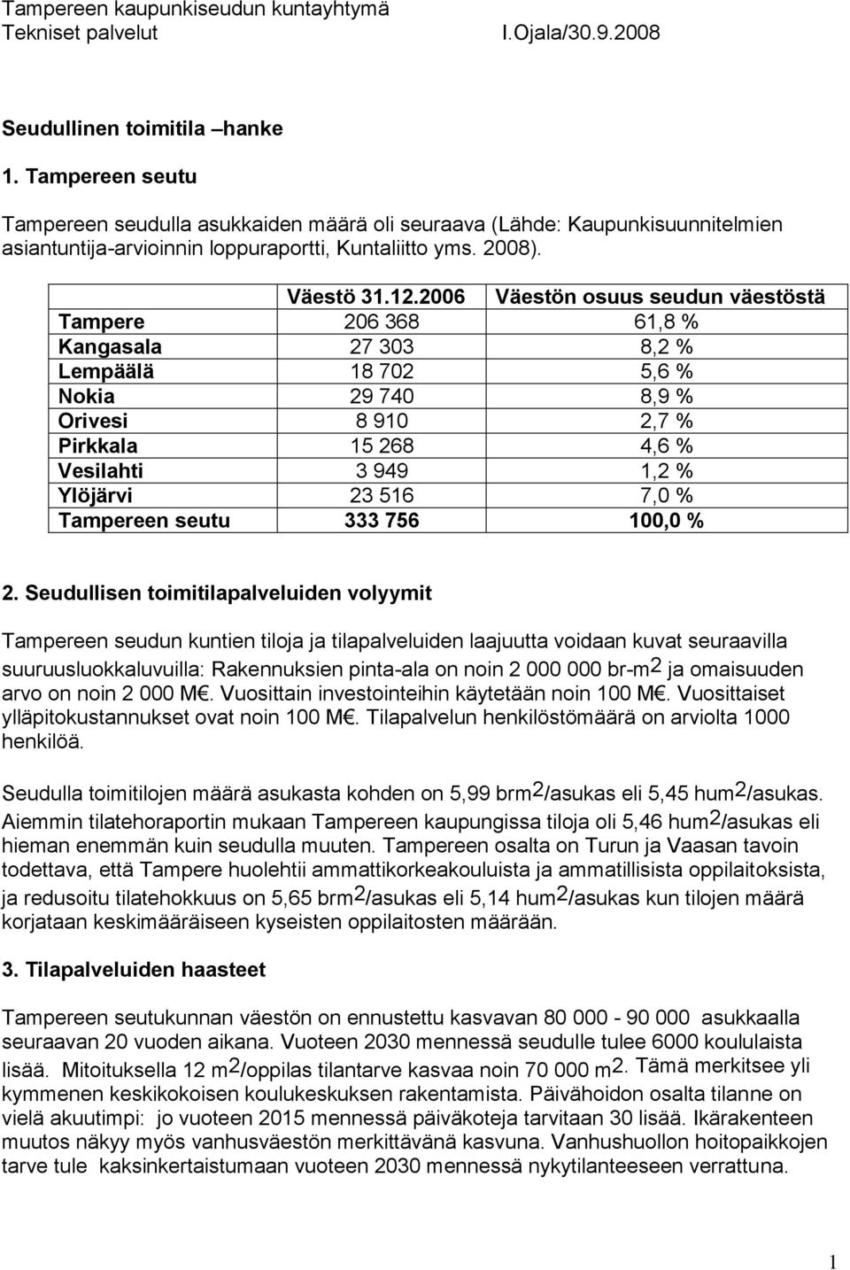 2006 Väestön osuus seudun väestöstä Tampere 206 368 61,8 % Kangasala 27 303 8,2 % Lempäälä 18 702 5,6 % Nokia 29 740 8,9 % Orivesi 8 910 2,7 % Pirkkala 15 268 4,6 % Vesilahti 3 949 1,2 % Ylöjärvi 23