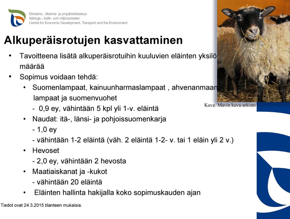 eläintä Naudat: itä-, länsi- ja pohjoissuomenkarja - 1,0 ey - vähintään 1-2 eläintä (väh. 2 eläintä 1-2- v. tai 1 eläin yli 2 v.