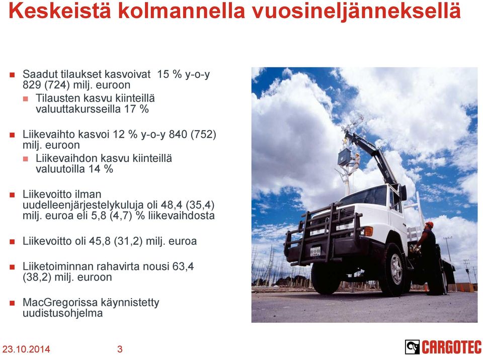 euroon Liikevaihdon kasvu kiinteillä valuutoilla 14 % Liikevoitto ilman uudelleenjärjestelykuluja oli 48,4 (35,4) milj.