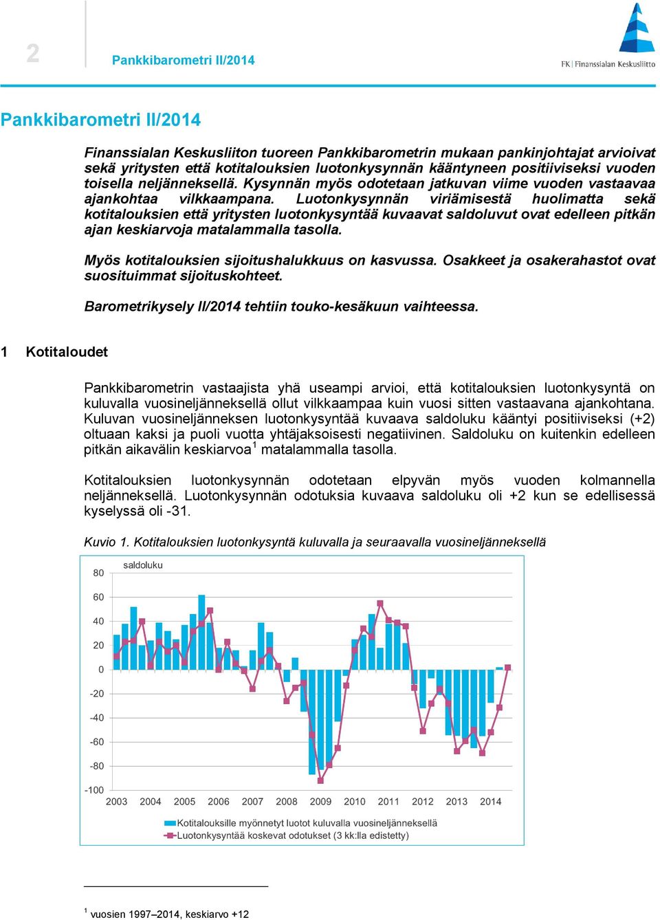 Luotonkysynnän viriämisestä huolimatta sekä kotitalouksien että yritysten luotonkysyntää kuvaavat saldoluvut ovat edelleen pitkän ajan keskiarvoja matalammalla tasolla.