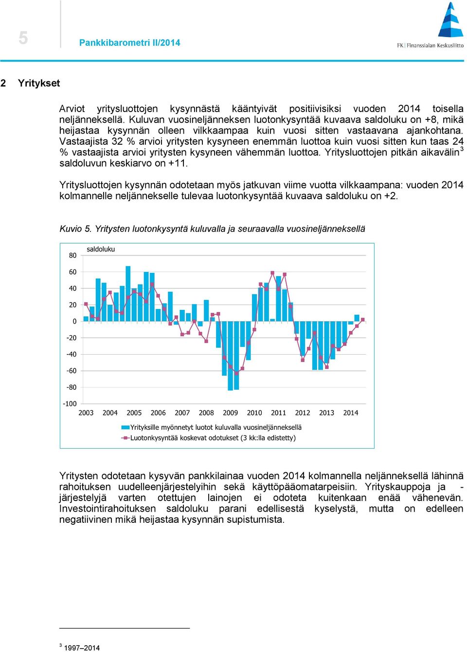 Vastaajista 32 % arvioi yritysten kysyneen enemmän luottoa kuin vuosi sitten kun taas 24 % vastaajista arvioi yritysten kysyneen vähemmän luottoa.