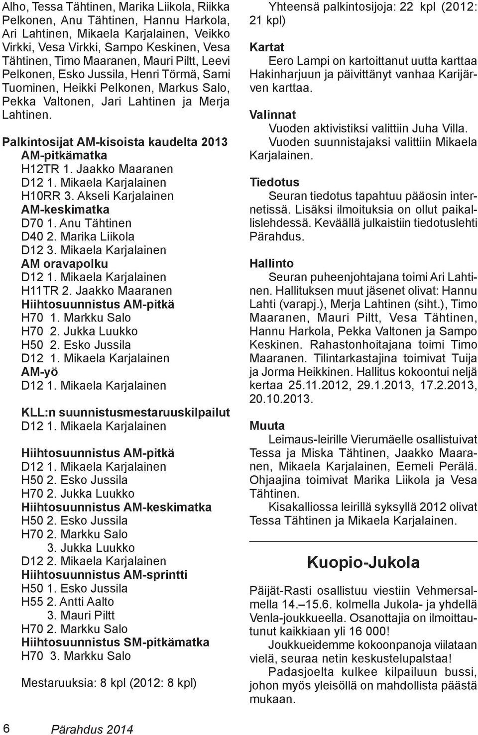 Palkintosijat AM-kisoista kaudelta 2013 AM-pitkämatka H12TR 1. Jaakko Maaranen H10RR 3. Akseli Karjalainen AM-keskimatka D70 1. Anu Tähtinen D40 2. Marika Liikola D12 3.