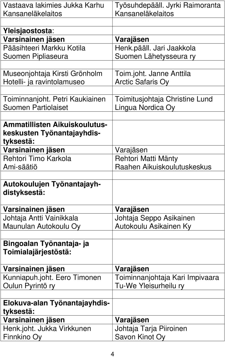 joht. Janne Anttila Arctic Safaris Oy Toimitusjohtaja Christine Lund Lingua Nordica Oy Rehtori Matti Mänty Raahen Aikuiskoulutuskeskus Autokoulujen Työnantajayhdistyksestä: Johtaja Antti Vainikkala