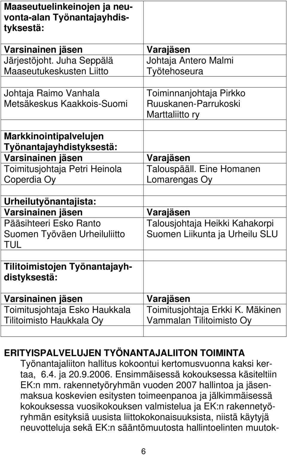 Pääsihteeri Esko Ranto Suomen Työväen Urheiluliitto TUL Johtaja Antero Malmi Työtehoseura Toiminnanjohtaja Pirkko Ruuskanen-Parrukoski Marttaliitto ry Talouspääll.