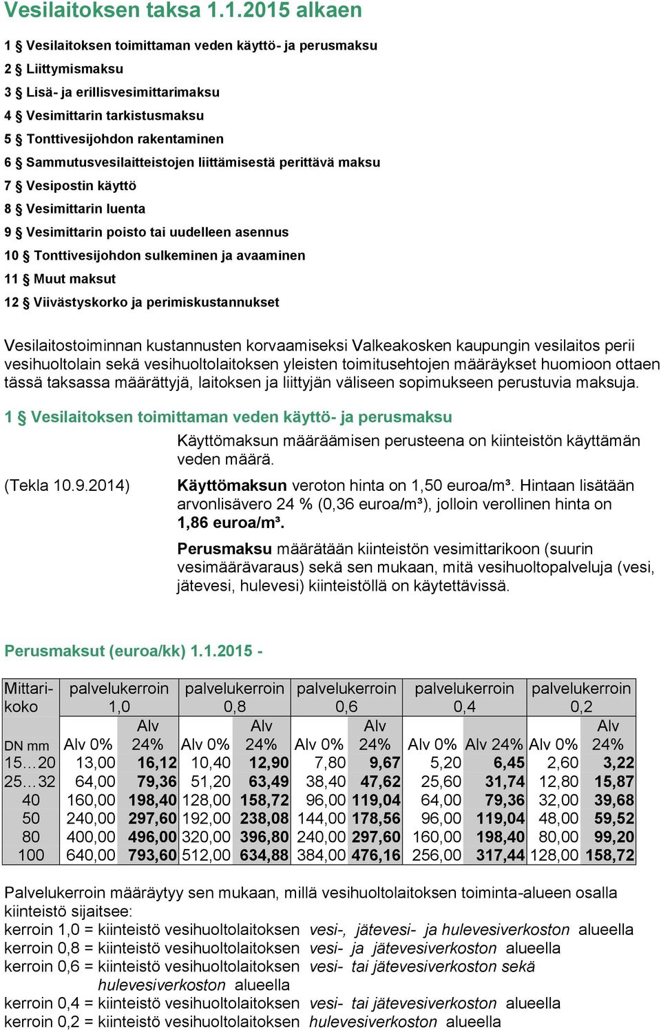 tai uudelleen asennus 11 Muut maksut Vesilaitostoiminnan kustannusten korvaamiseksi Valkeakosken kaupungin vesilaitos perii vesihuoltolain sekä vesihuoltolaitoksen yleisten toimitusehtojen määräykset