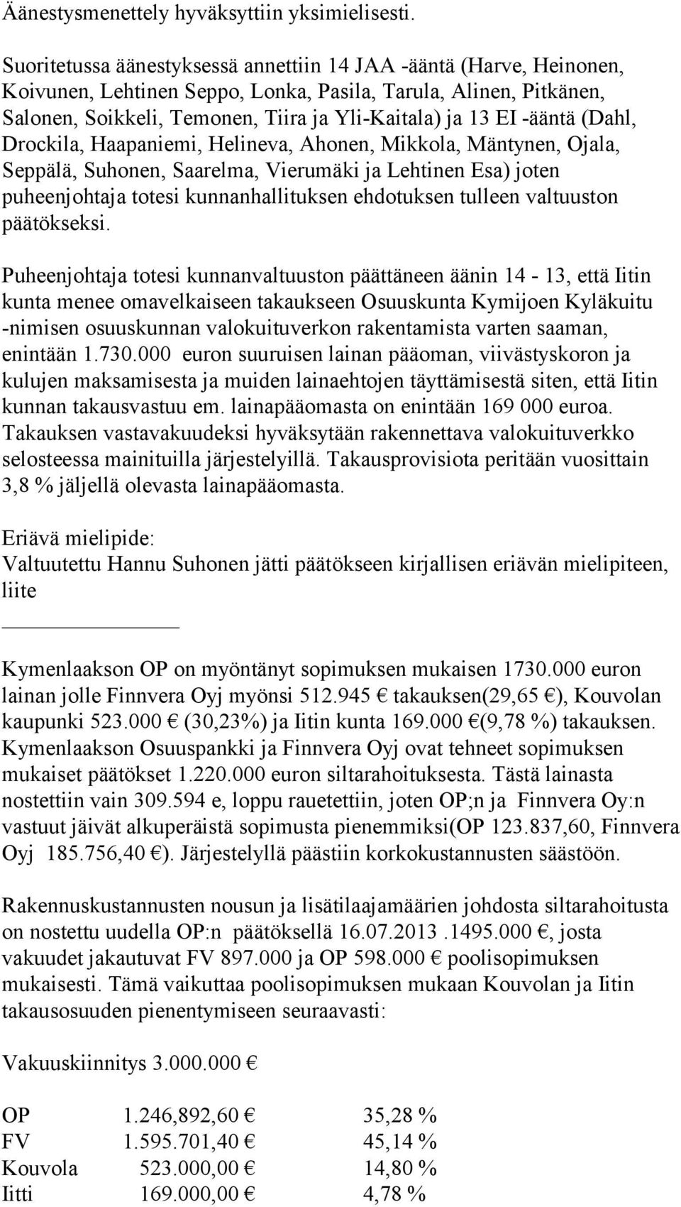 -ääntä (Dahl, Drockila, Haapaniemi, Helineva, Ahonen, Mikkola, Mäntynen, Ojala, Seppälä, Suhonen, Saarelma, Vierumäki ja Lehtinen Esa) joten puheenjohtaja totesi kunnanhallituksen ehdotuksen tulleen