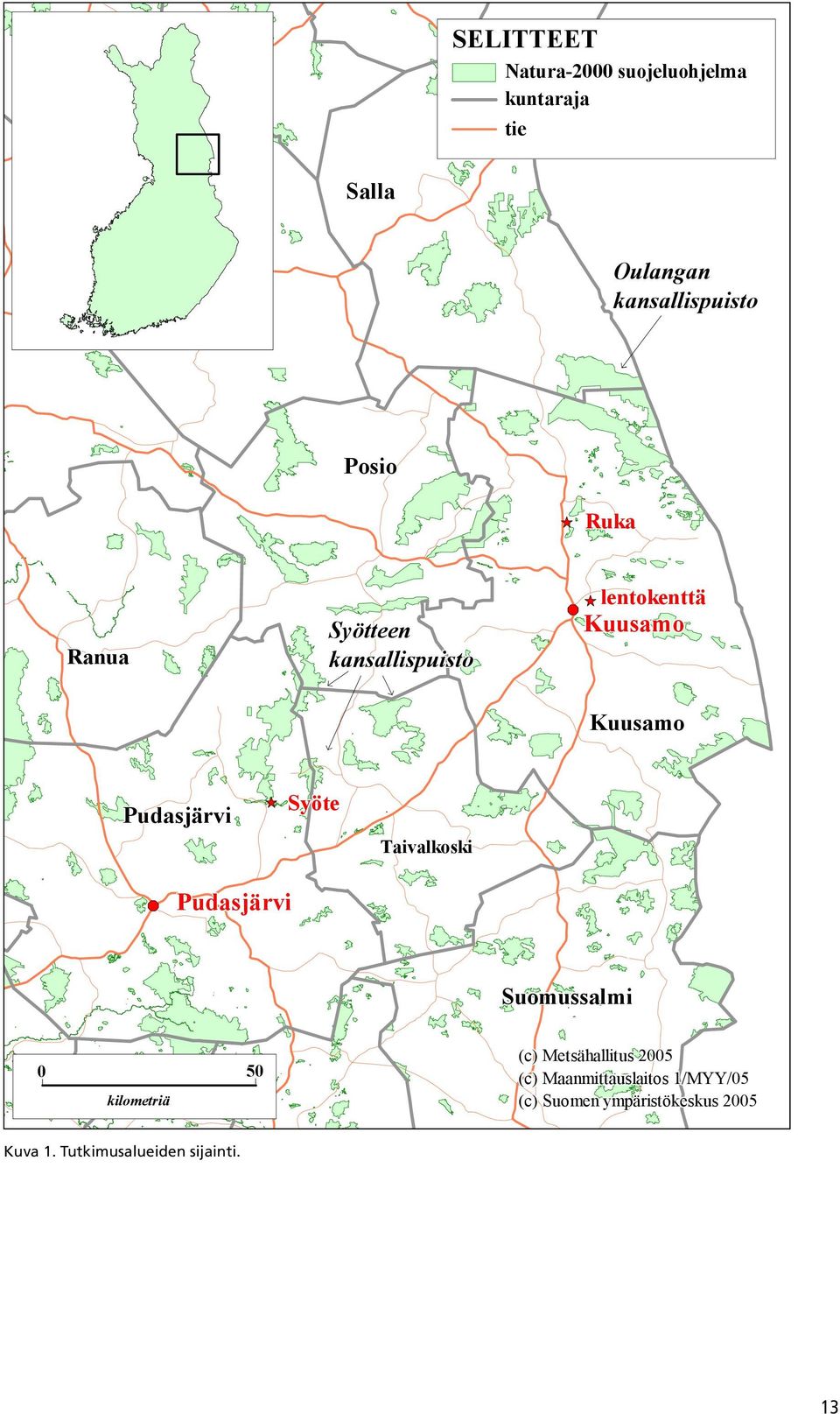 Syöte Taivalkoski Pudasjärvi Suomussalmi 0 50 kilometriä (c) Metsähallitus 2005 (c)