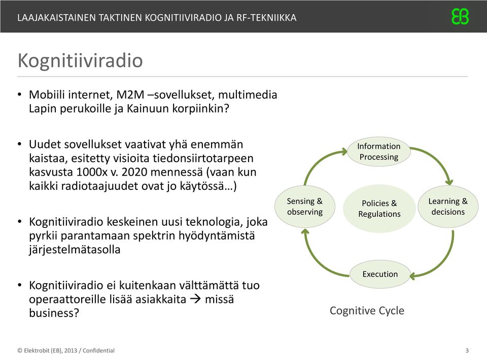 2020 mennessä (vaan kun kaikki radiotaajuudet ovat jo käytössä ) Information Processing Kognitiiviradio keskeinen uusi teknologia, joka pyrkii parantamaan