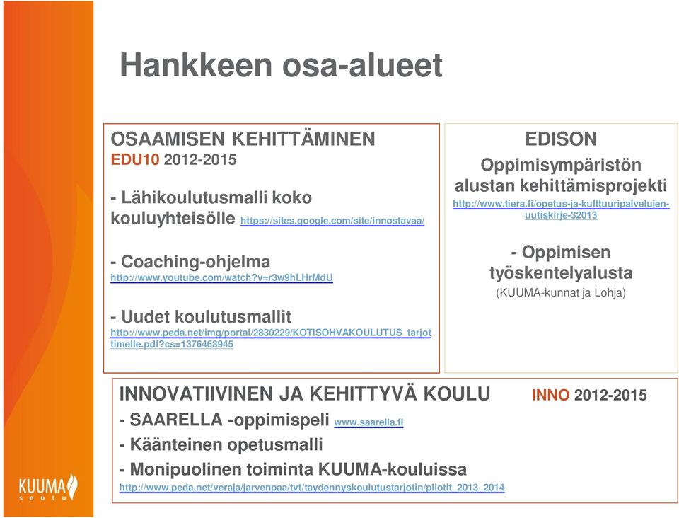 fi/opetus-ja-kulttuuripalvelujenuutiskirje-32013 - Oppimisen työskentelyalusta (KUUMA-kunnat ja Lohja) - Uudet koulutusmallit http://www.peda.