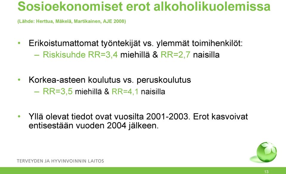 ylemmät toimihenkilöt: Riskisuhde RR=3,4 miehillä & RR=2,7 naisilla Korkea-asteen