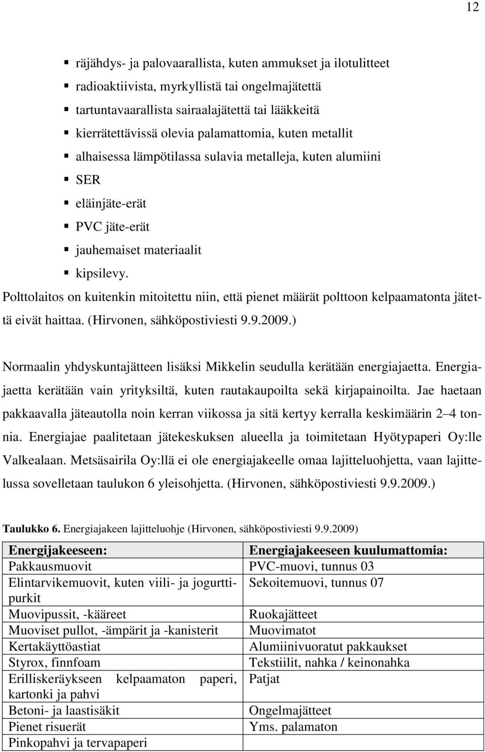 Polttolaitos on kuitenkin mitoitettu niin, että pienet määrät polttoon kelpaamatonta jätettä eivät haittaa. (Hirvonen, sähköpostiviesti 9.9.2009.