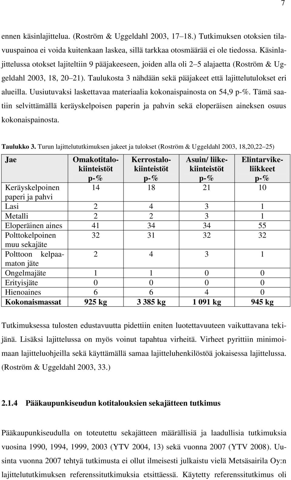 Uusiutuvaksi laskettavaa materiaalia kokonaispainosta on 54,9 p-%. Tämä saatiin selvittämällä keräyskelpoisen paperin ja pahvin sekä eloperäisen aineksen osuus kokonaispainosta. Taulukko 3.
