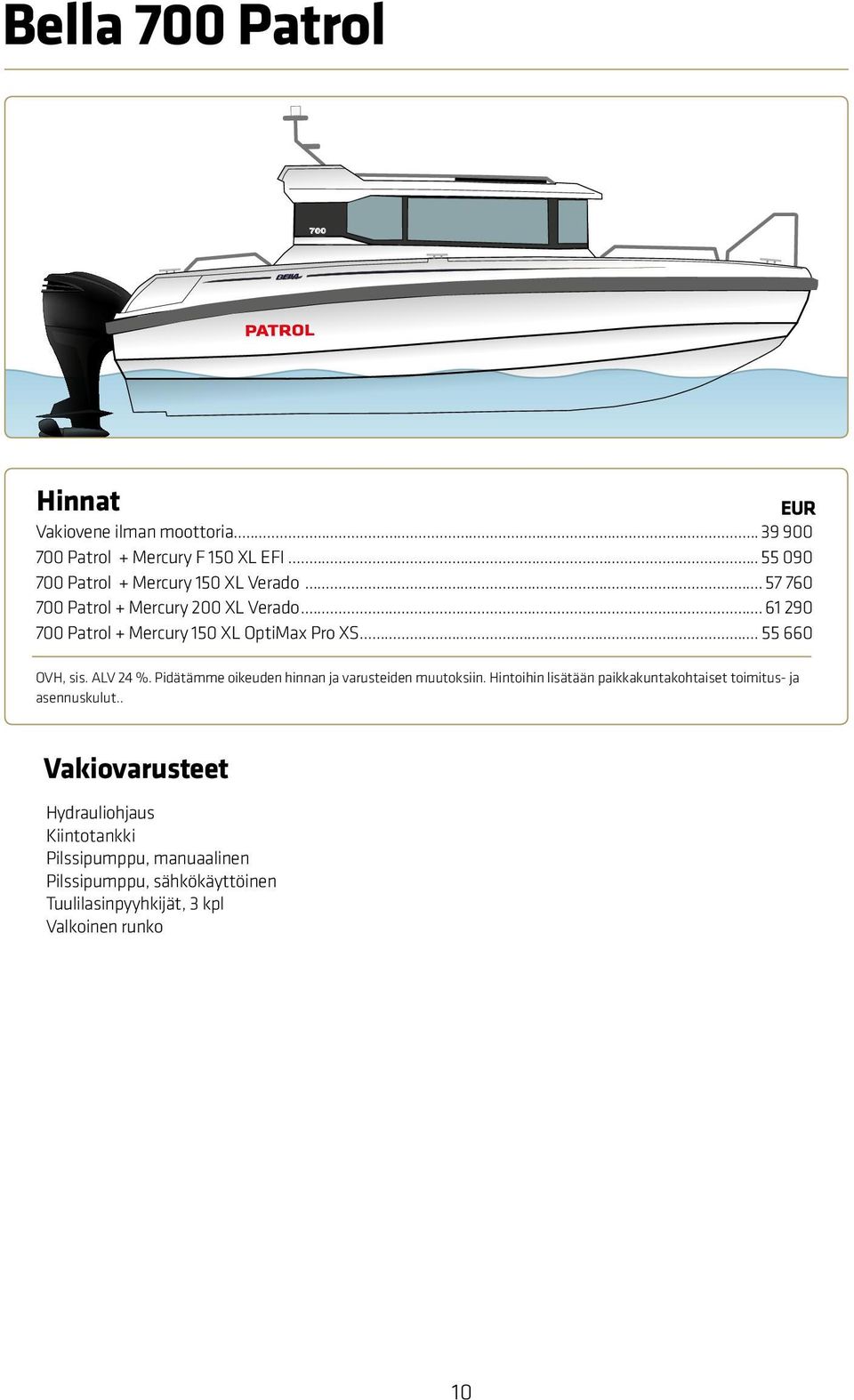 Pidätämme oikeuden hinnan ja varusteiden muutoksiin. Hintoihin lisätään paikkakuntakohtaiset toimitus- ja asennuskulut.