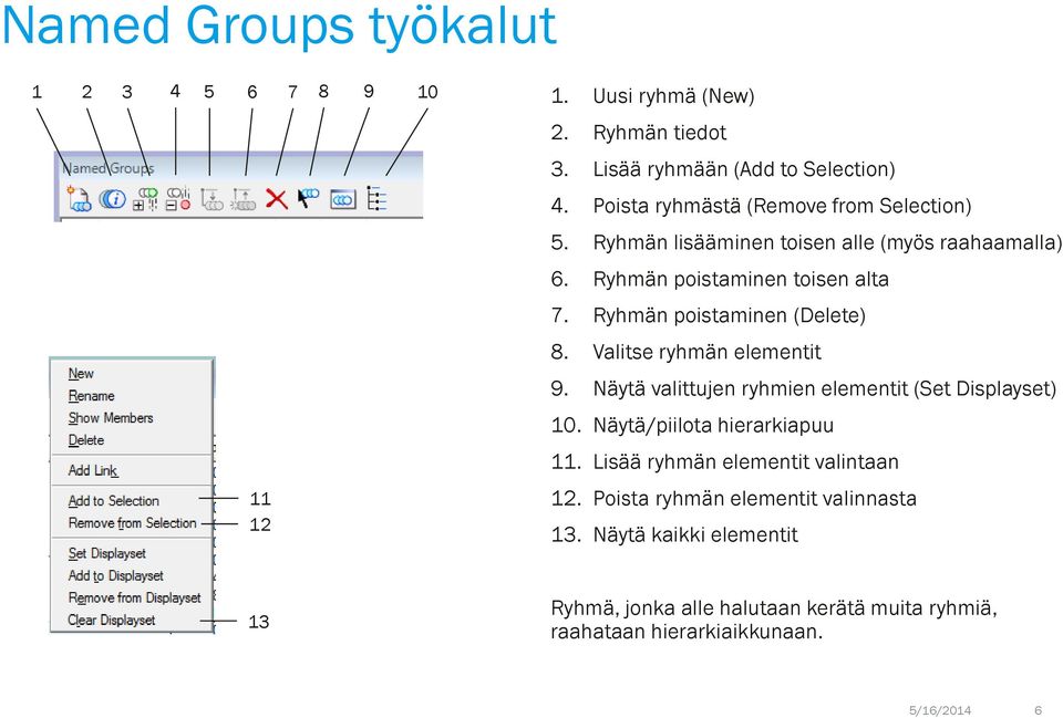 Ryhmän poistaminen (Delete) 8. Valitse ryhmän elementit 9. Näytä valittujen ryhmien elementit (Set Displayset) 10. Näytä/piilota hierarkiapuu 11.