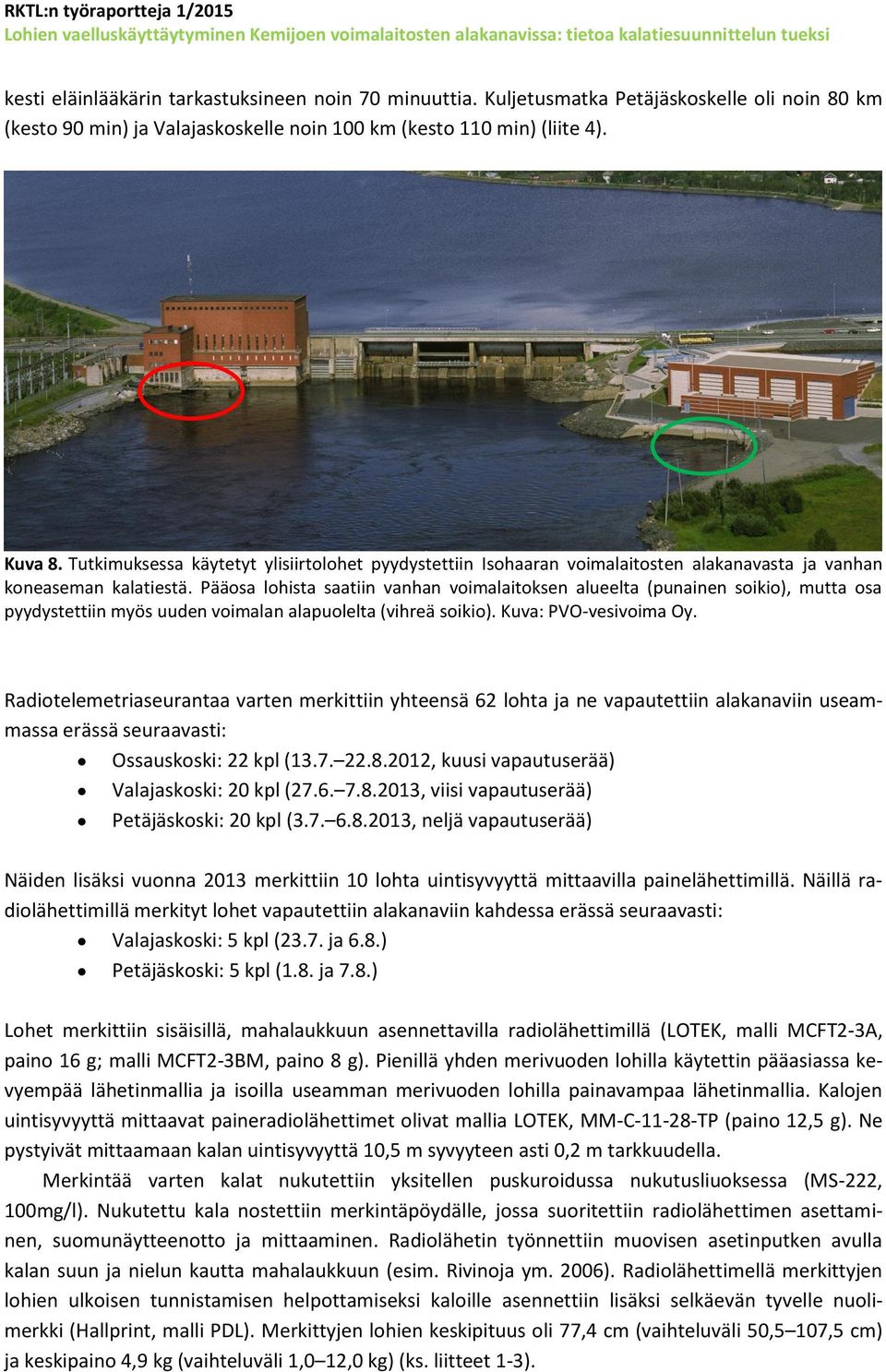 Pääosa lohista saatiin vanhan voimalaitoksen alueelta (punainen soikio), mutta osa pyydystettiin myös uuden voimalan alapuolelta (vihreä soikio). Kuva: PVO-vesivoima Oy.