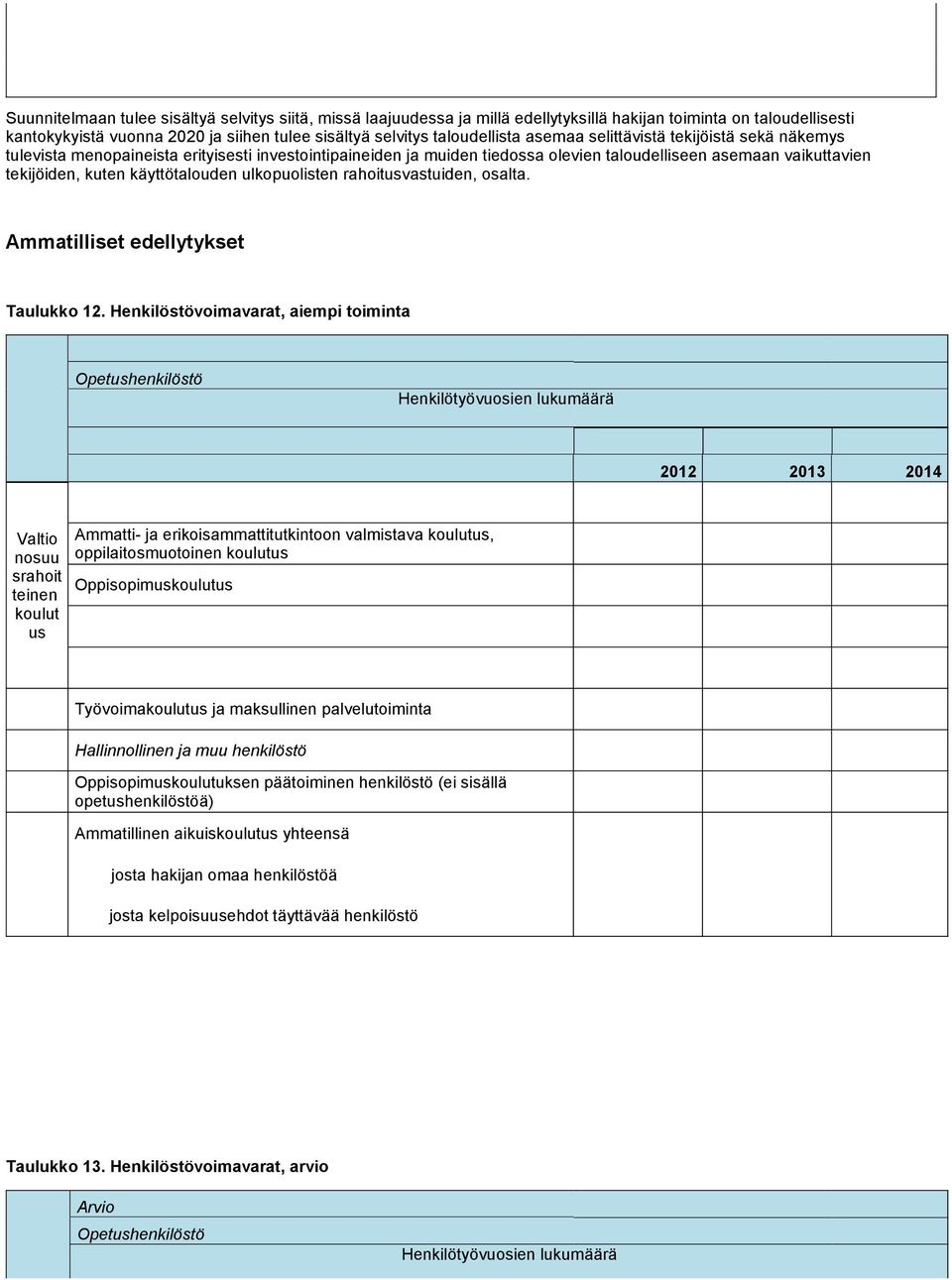 ulkopuolisten rahoitusvastuiden, osalta. Ammatilliset edellytykset Taulukko 12.