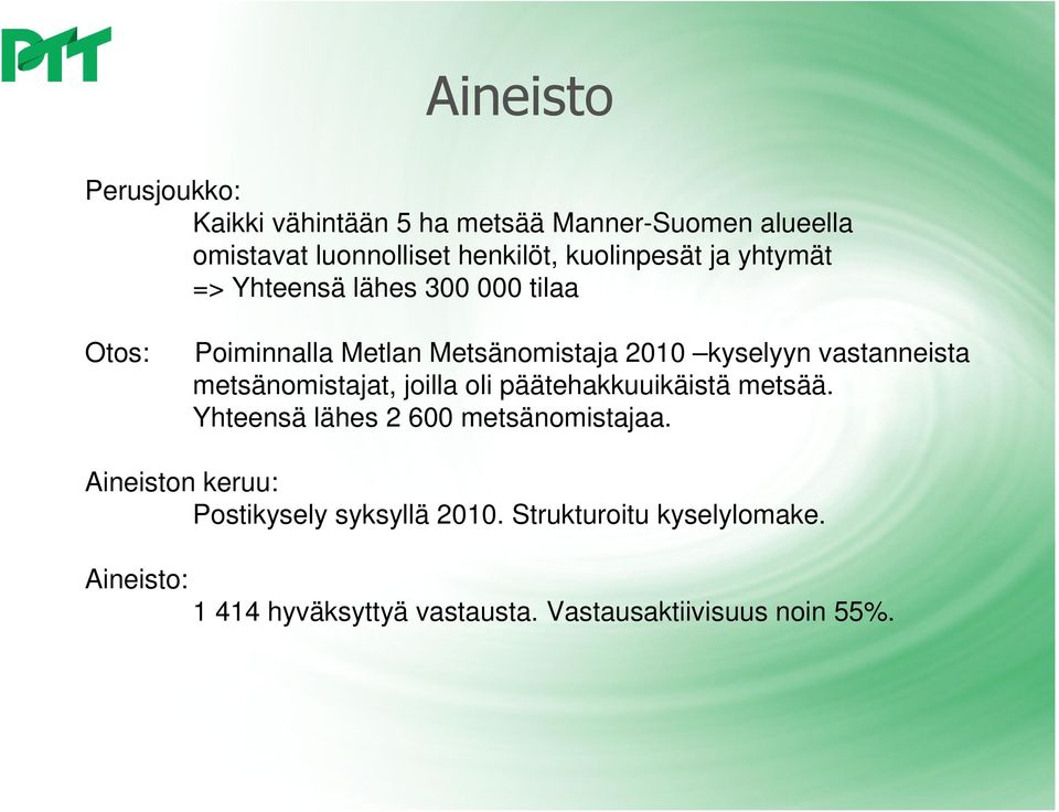 vastanneista metsänomistajat, joilla oli päätehakkuuikäistä metsää. Yhteensä lähes 2 600 metsänomistajaa.